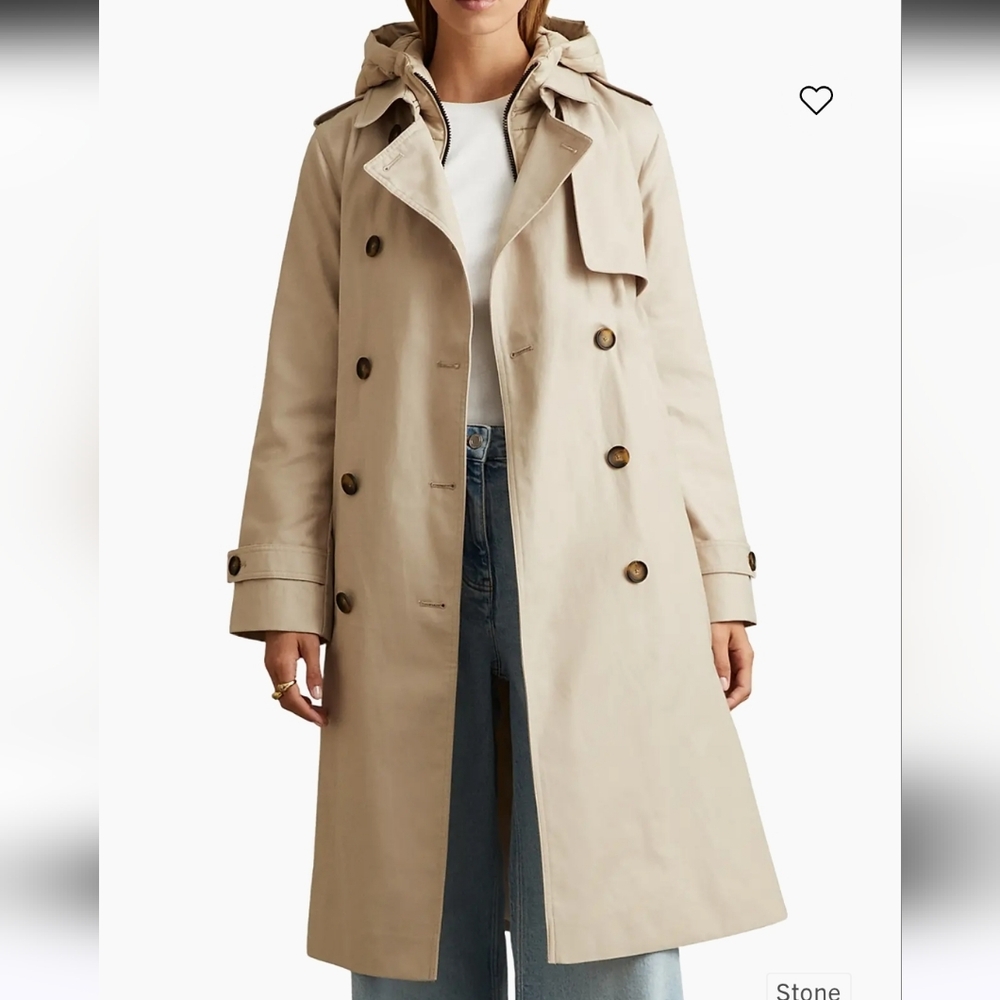 Reiss Beige Double-Breasted Hooded Trench Coat